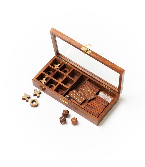 3-in-1 Game Set Dice, Dominoes, Tic Tac Toe - Handcrafted Wood - Image 2