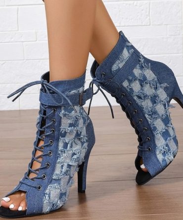 Distressed Denim Lace-Up Peep Toe Ankle Boots