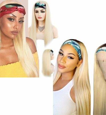 Straight 1B/613 Headband Human Hair Wigs For Black Women Blonde Scarf
