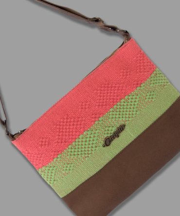 Cross-Body Bag in Brown Leather with Coral and Green Stripe