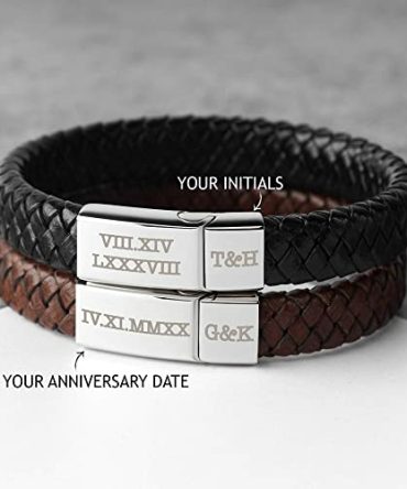 Roman Numerals Engraved Mens Bracelet, Woven Braided Leather Bracelet