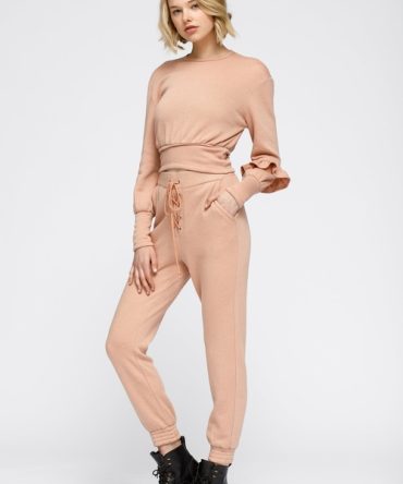 Crewneck Ruffle Sleeve Peplum Sweatshirt In Peach