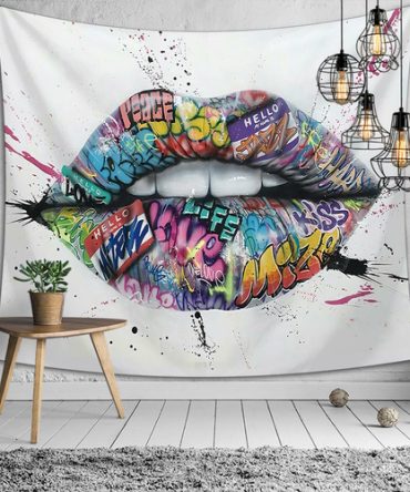 Sexy Glossy Lips Tapestry, Lips Bitting Wall Hanging, Living Room