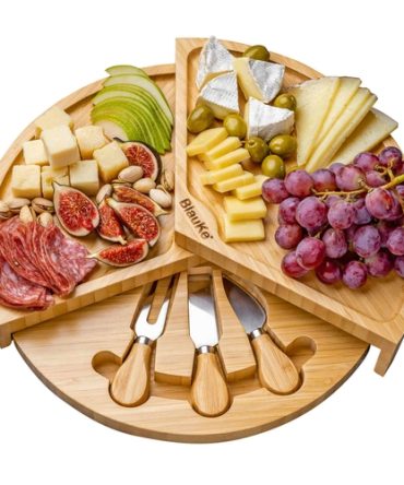 Bamboo Cheese Board and Knife Set - 14 Inch Swiveling Charcuterie