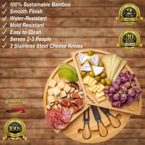 Bamboo Cheese Board and Knife Set - 14 Inch Swiveling Charcuterie - Image 2