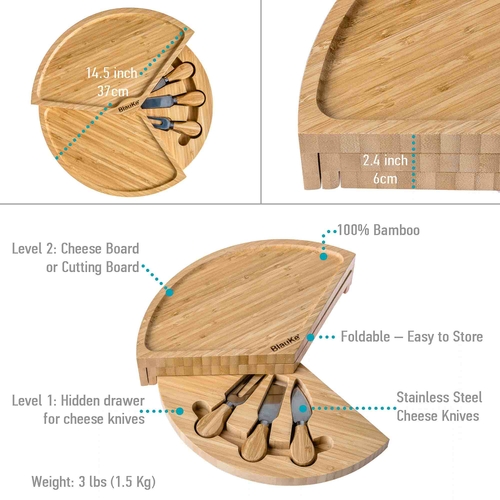 Bamboo Cheese Board and Knife Set - 14 Inch Swiveling Charcuterie - Image 3