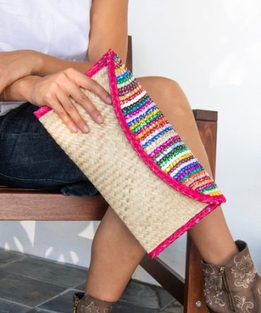 Straw Clutch Bag with Sequin Stripes, Pink Trim
