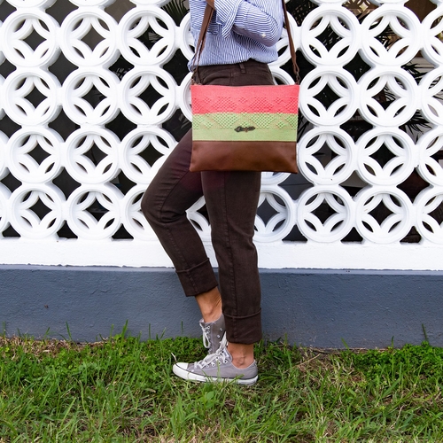 Cross-Body Bag in Brown Leather with Coral and Green Stripe - Image 3