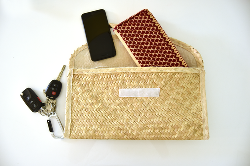 Straw Clutch Bag with Sequin Stripes, Pink Trim - Image 4