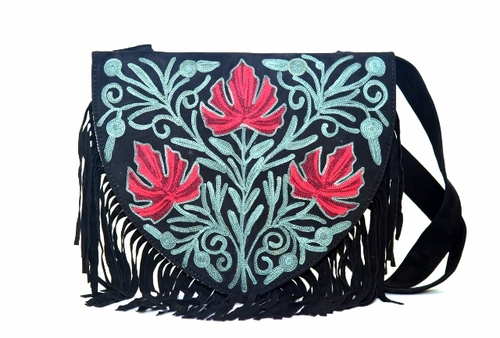 Handmade Green and Red Suede Embroidered Heart Shaped Bag - Image 3