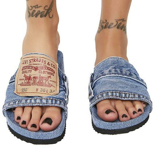 Denim Women's Cool Round Head Flat Slides Blue/Black - Image 5