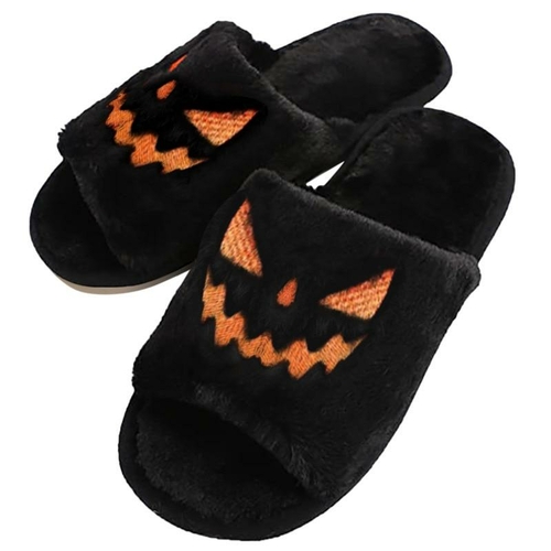 Halloween Pumpkin Fuzzy Slippers Soft Plush Cozy Open Toe Women Slides - Image 6