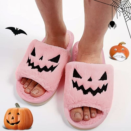 Halloween Pumpkin Fuzzy Slippers Soft Plush Cozy Open Toe Women Slides - Image 7