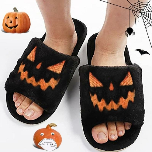 Halloween Pumpkin Fuzzy Slippers Soft Plush Cozy Open Toe Women Slides - Image 3