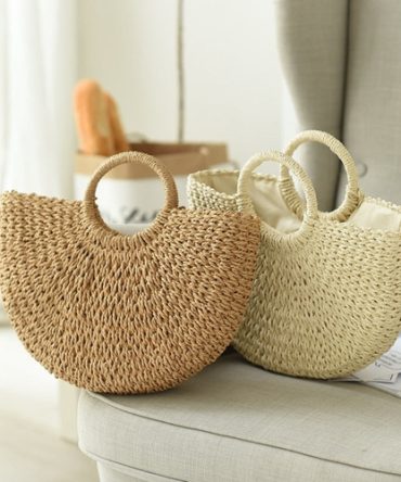 Summer Top Handle Semi Circle Straw Bag