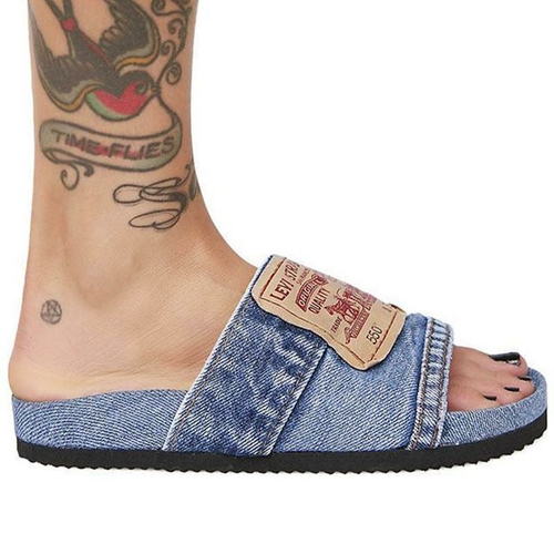 Denim Women's Cool Round Head Flat Slides Blue/Black - Image 6