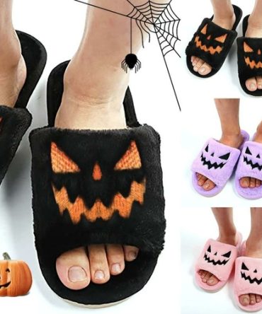 Halloween Pumpkin Fuzzy Slippers Soft Plush Cozy Open Toe Women Slides