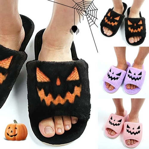 Halloween Pumpkin Fuzzy Slippers Soft Plush Cozy Open Toe Women Slides - Image 2
