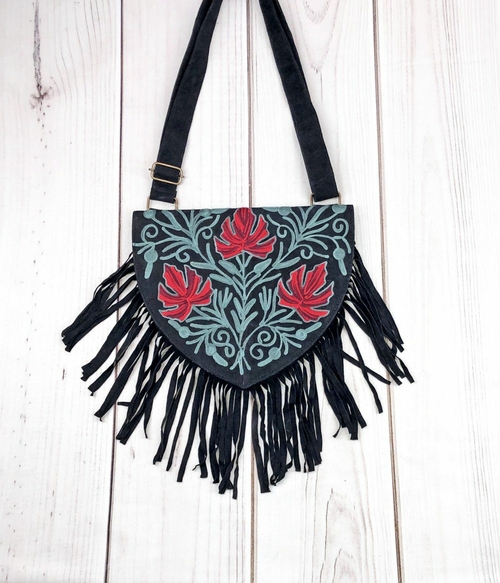 Handmade Green and Red Suede Embroidered Heart Shaped Bag - Image 2
