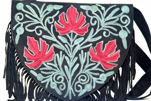 Handmade Green and Red Suede Embroidered Heart Shaped Bag - Image 4