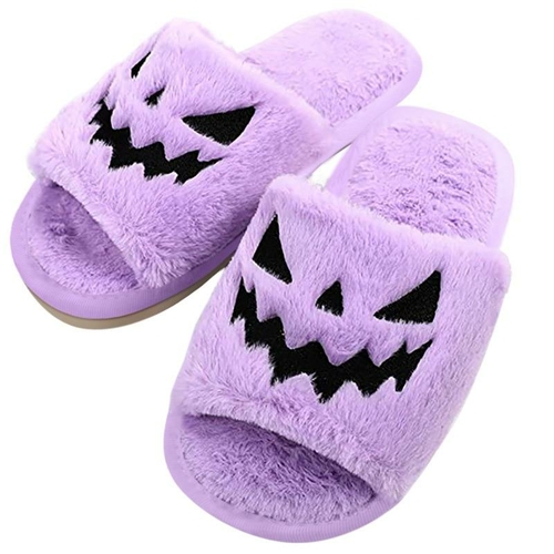Halloween Pumpkin Fuzzy Slippers Soft Plush Cozy Open Toe Women Slides - Image 5