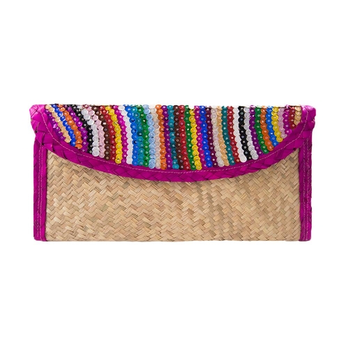 Straw Clutch Bag with Sequin Stripes, Pink Trim - Image 2