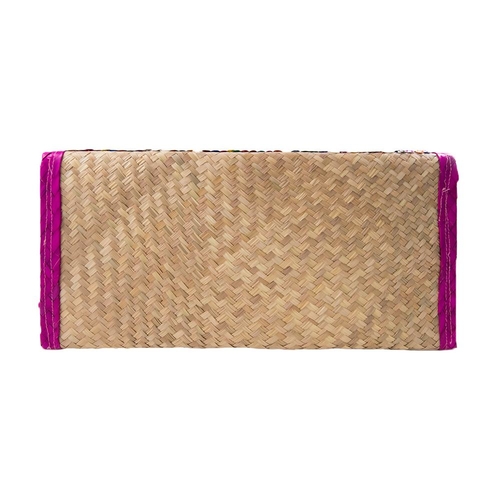 Straw Clutch Bag with Sequin Stripes, Pink Trim - Image 3
