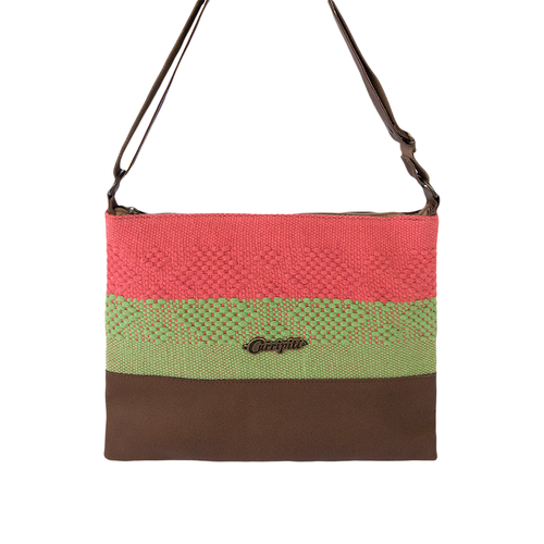 Cross-Body Bag in Brown Leather with Coral and Green Stripe - Image 4