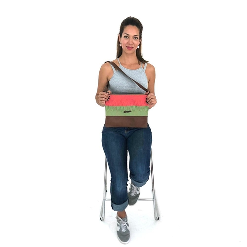 Cross-Body Bag in Brown Leather with Coral and Green Stripe - Image 8