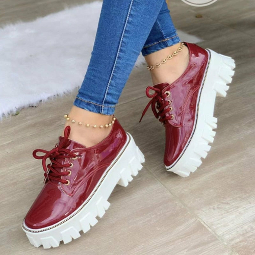Thick Heel Flat Platform Oxford Women Shoes Pink/Red/Black - Image 2