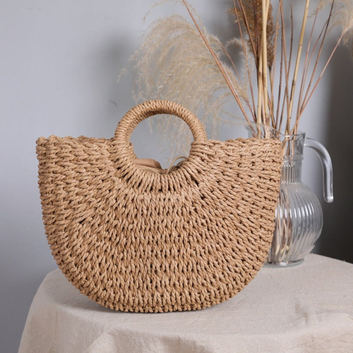 Summer Top Handle Semi Circle Straw Bag - Image 3