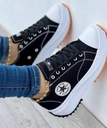 Flat Lace-Up Sneakers Pattern Canvas Casual Women Sport Shoes