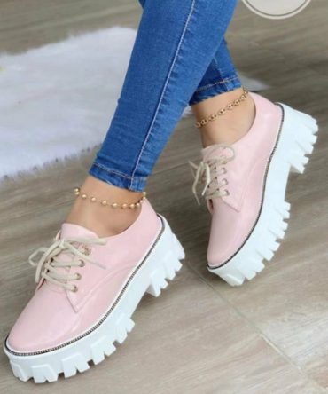 Thick Heel Flat Platform Oxford Women Shoes Pink/Red/Black
