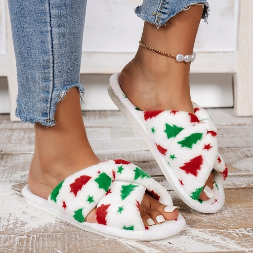 Christmas Tree Pattern Furry Bedroom Slippers - Image 2