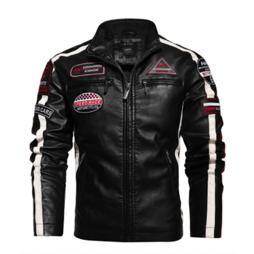 Mens Biker Vegan Leather Jacket With Badges - Image 3