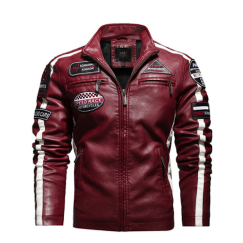 Mens Biker Vegan Leather Jacket With Badges - Image 4