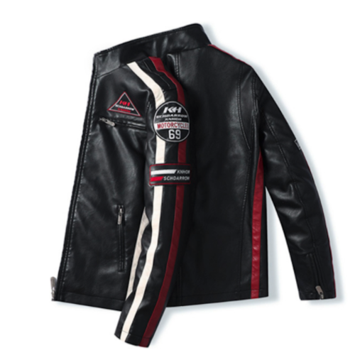 Mens Biker Vegan Leather Jacket With Badges - Image 2
