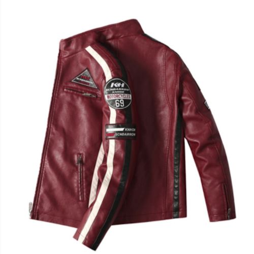 Mens Biker Vegan Leather Jacket With Badges - Image 5