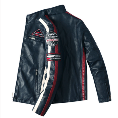 Mens Biker Vegan Leather Jacket With Badges - Image 6