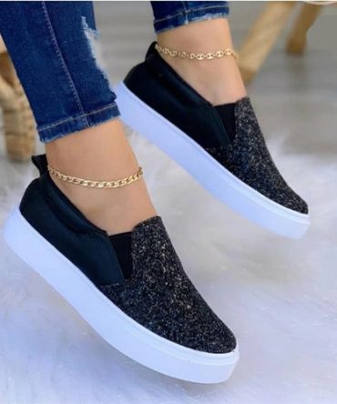 Moccasins Glitter Flat Female Loafers Shoes Black/Rose Gold/Black/Gold