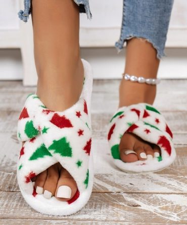Christmas Tree Pattern Furry Bedroom Slippers