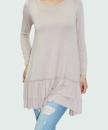 Long Sleeve Pleated Bottom Tunic - Beige
