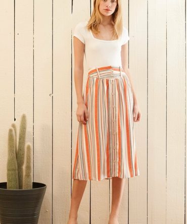 Women's Multi Stripe Button Front Midi Skirt in Rust Multi