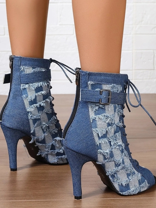Distressed Denim Lace-Up Peep Toe Ankle Boots - Image 3