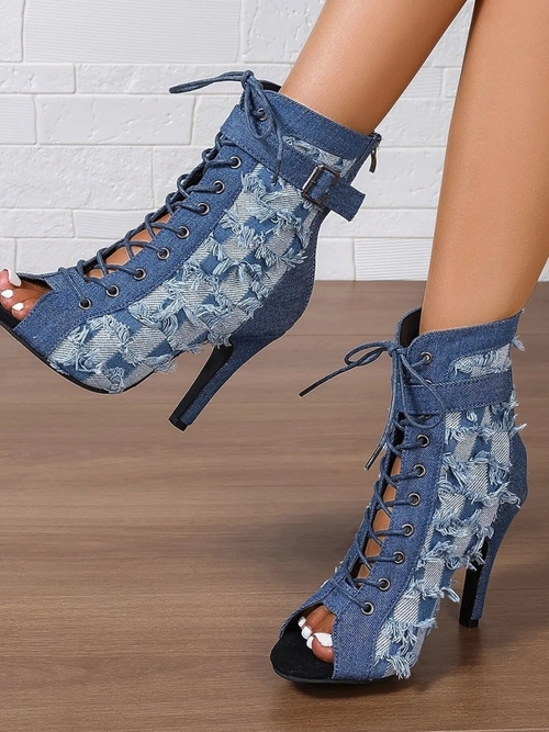 Distressed Denim Lace-Up Peep Toe Ankle Boots - Image 2