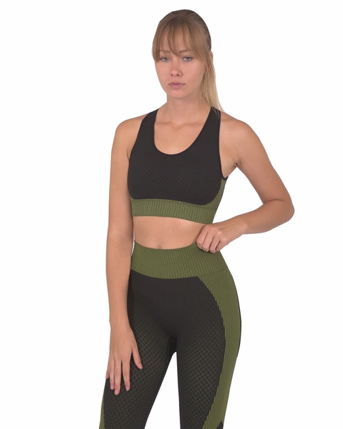 Trois Seamless Sports Bra - Black with Green - Image 2
