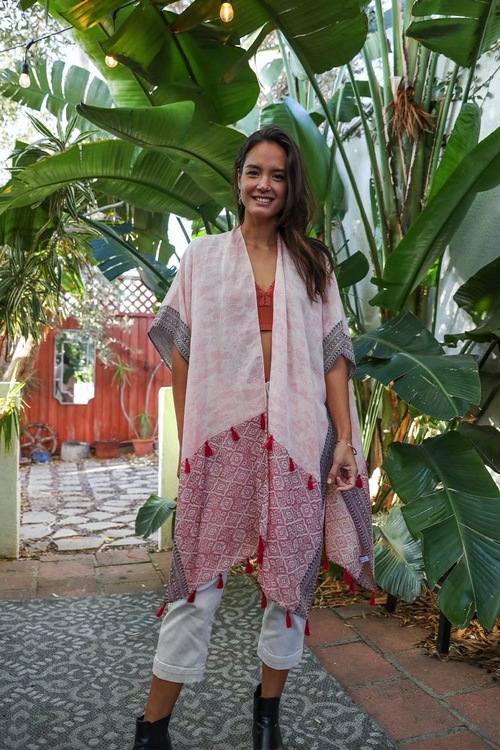 Tropical Leaves Draped Sleeve Kimono - Image 4