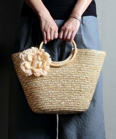 Woven Straw Totebag with Flowers