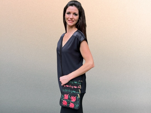 Suede Embroidered Five Zipper Cross-Body Bag - Image 2