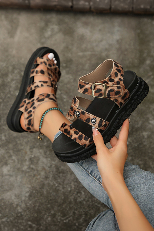 Chestnut Leopard Print Hollow Out Wedge Sandals - Image 6